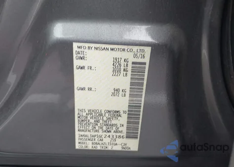 2016 Nissan Altima 2.5 Sr z USA, uszkodzony, nr VIN 1N4AL3AP1GC243386